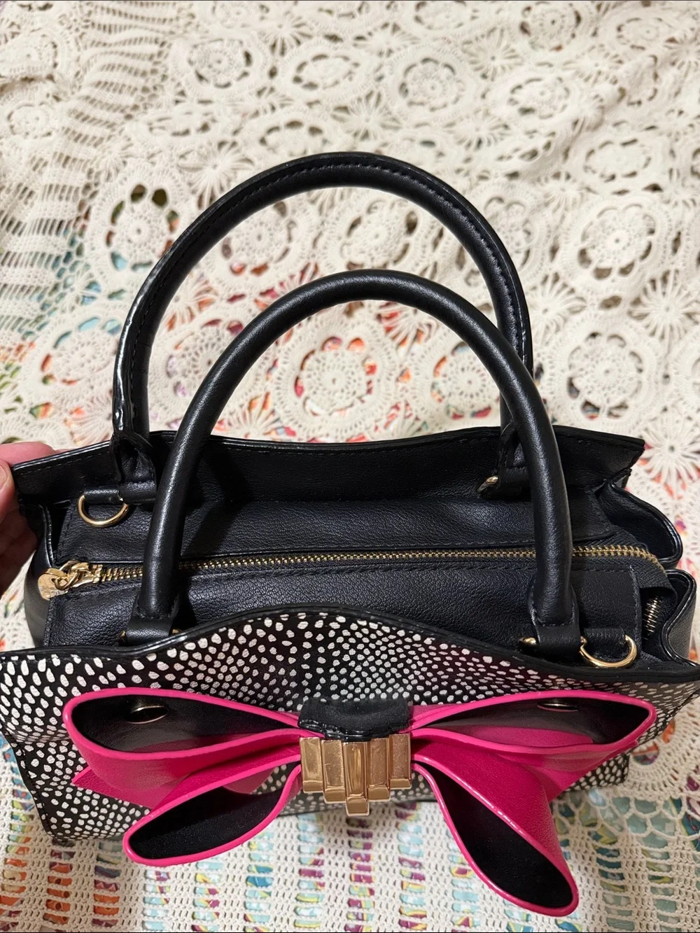Betsey Johnson Black and Hot Pink Bow Satchel